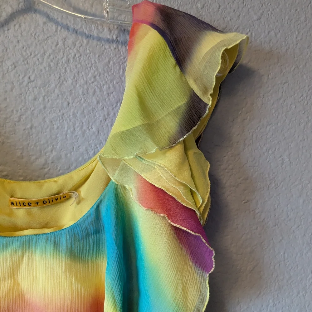 💥SALE💥 Alice + Olivia Vibrant Multicolor Rainbow Ruffle Dress 100% Silk Sz. M - Picture 8 of 13